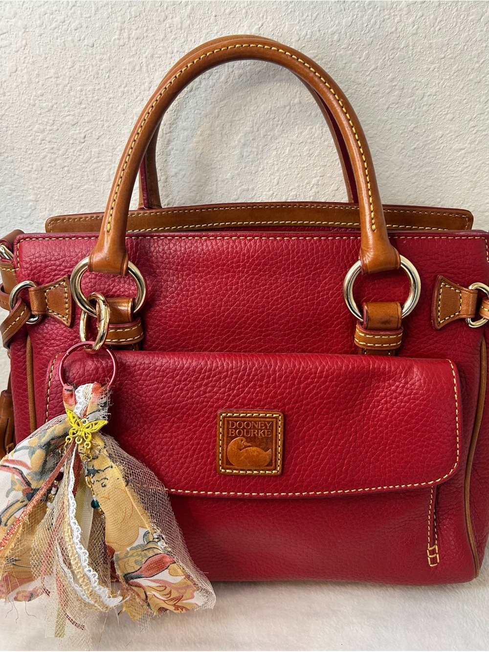 Dooney & Bourke Medium Pocket Satchel Cranberry Gold Hardware Pebbled Leather